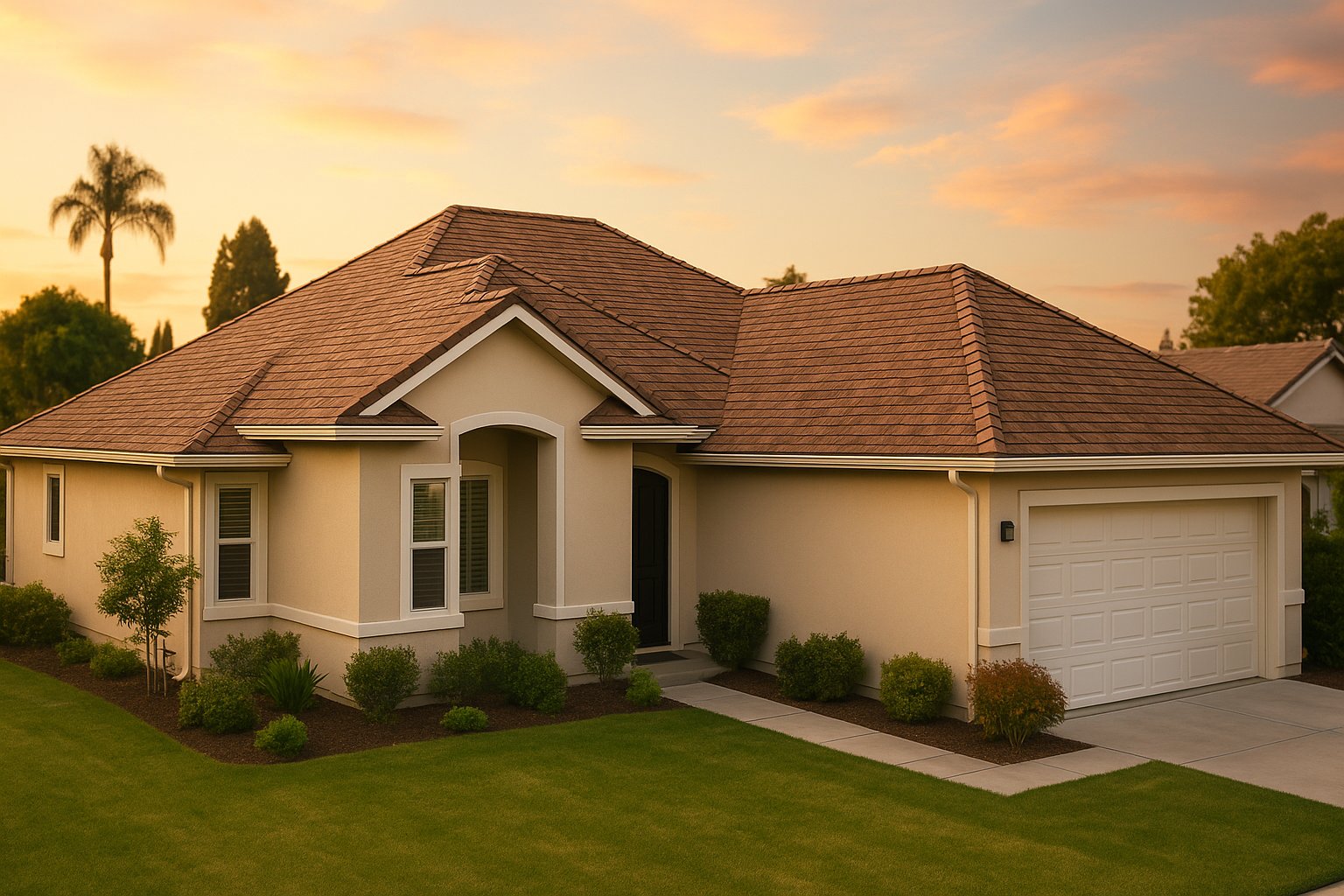 Casa con techo de shingles recién instalado por PeakShield Roofing bajo un cielo dorado