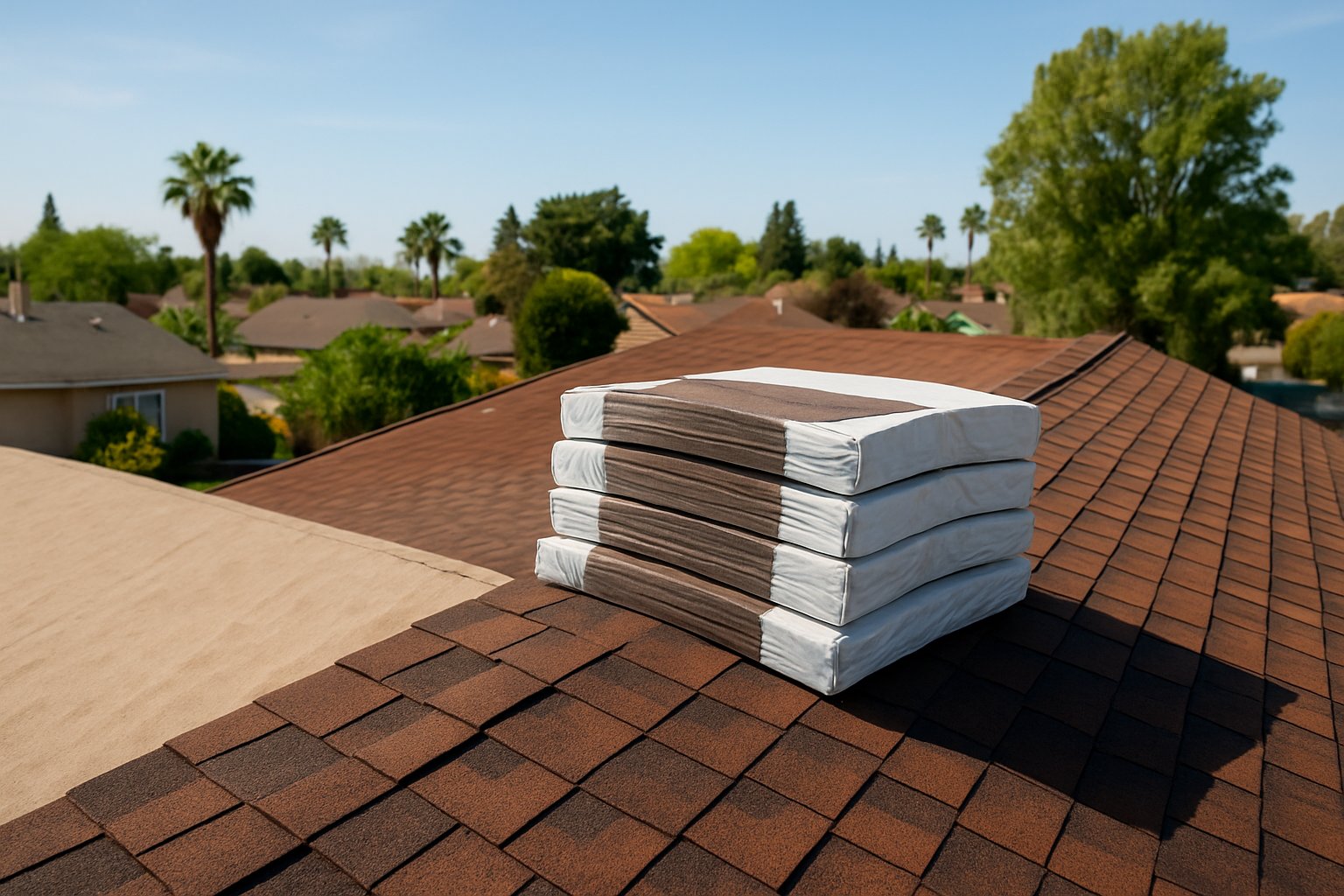 Paquetes de shingles nuevos sobre un techo a medio renovar